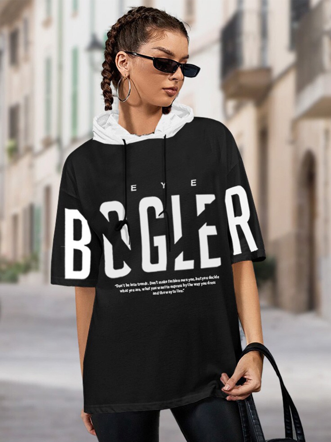 Eyebogler Typography Printed Hooded Drop Shoulder Oversized Cotton T-shirt, Black