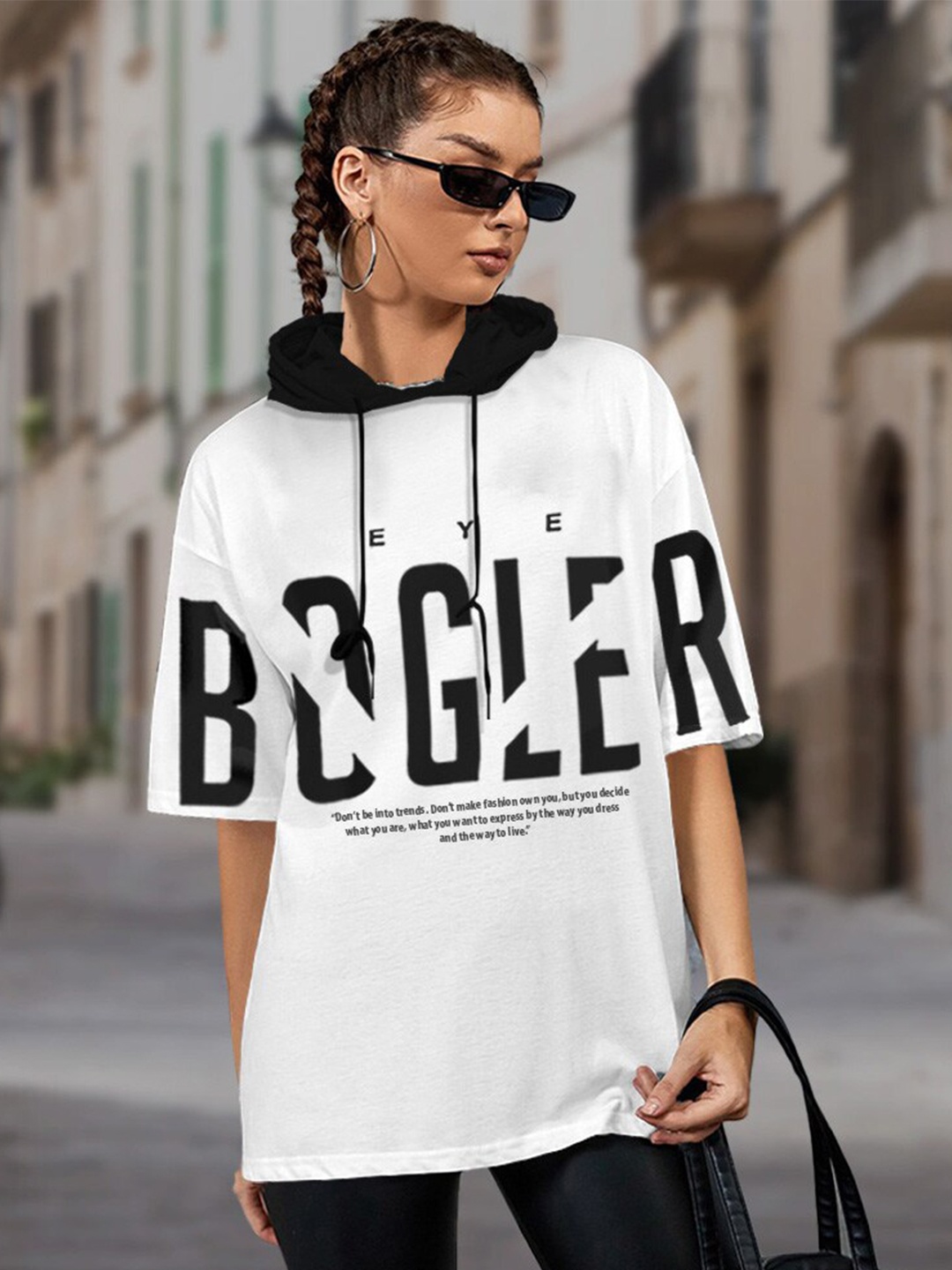 

Eyebogler Typography Printed Hooded Drop Shoulder Oversized Cotton T-shirt, White