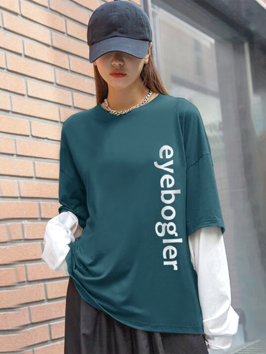 

Eyebogler Typography Printed Drop Shoulder Oversized Cotton T-shirt, Green