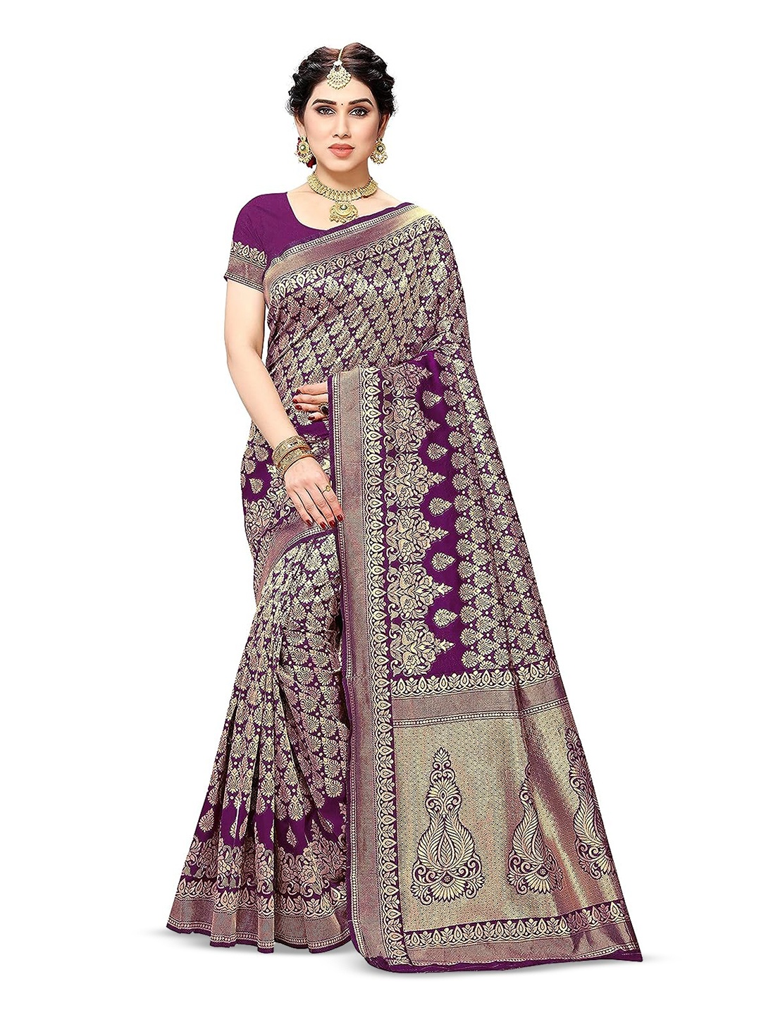

Yashika Woven Design Zari Silk Cotton Banarasi Saree, Purple