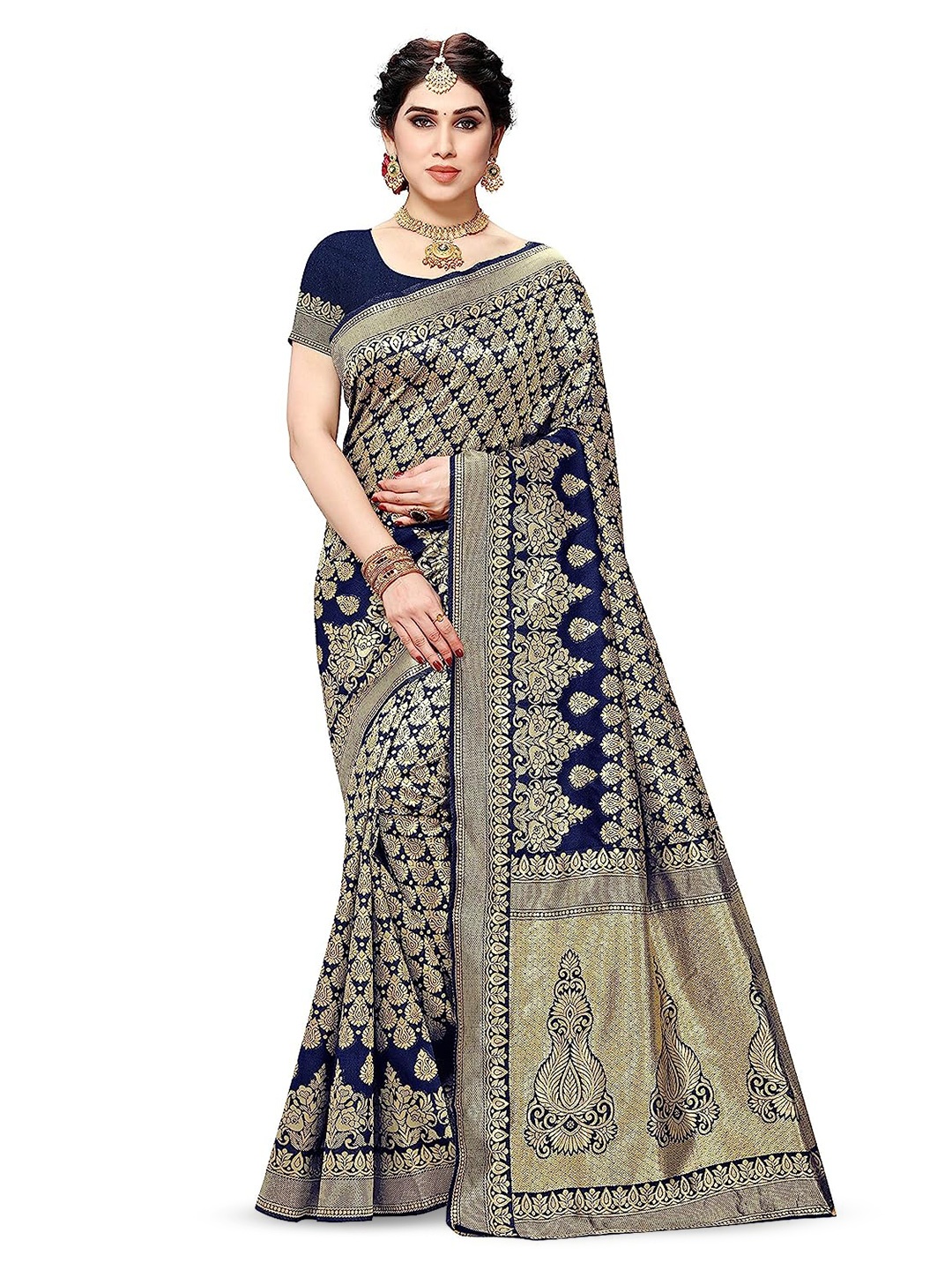 

Yashika Woven Design Zari Silk Cotton Banarasi Saree, Navy blue