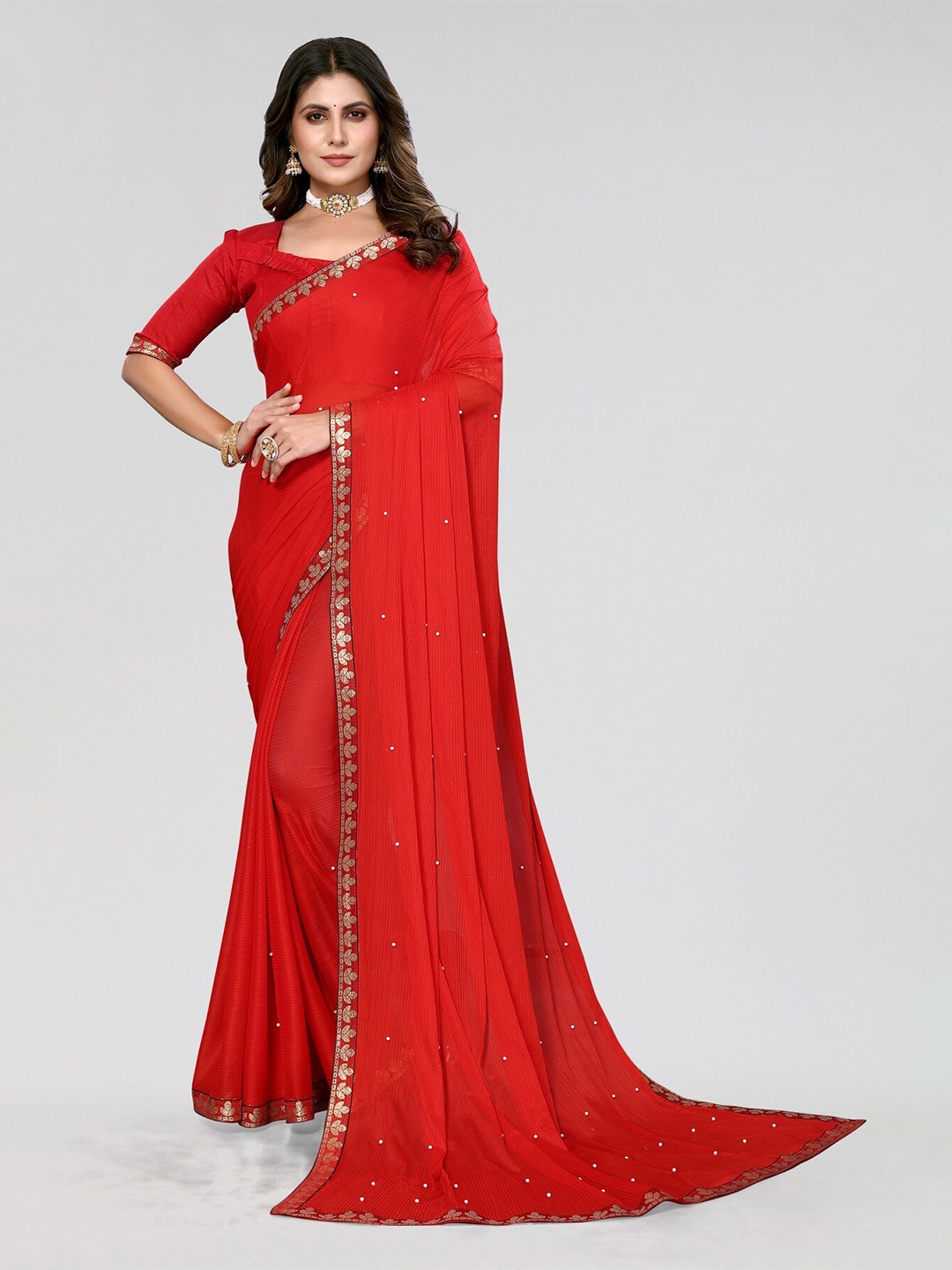 

Yashika Beads and Stones Embellished Saree, Red