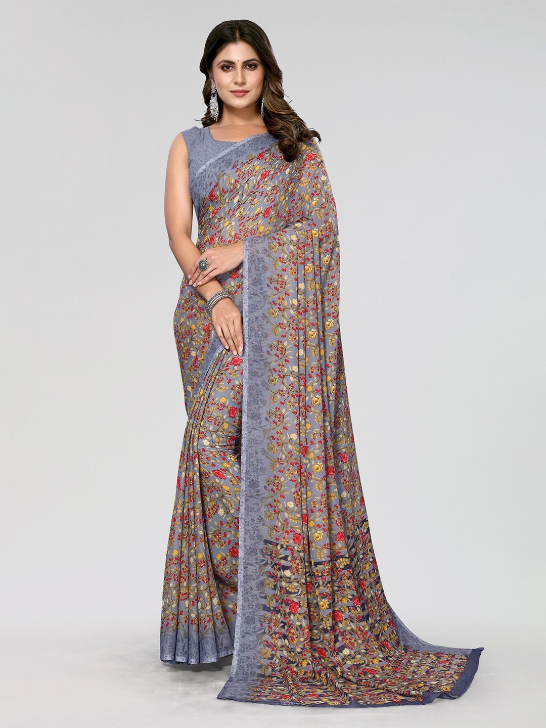 

Yashika Floral Printed Poly Georgette Leheriya Saree, Grey