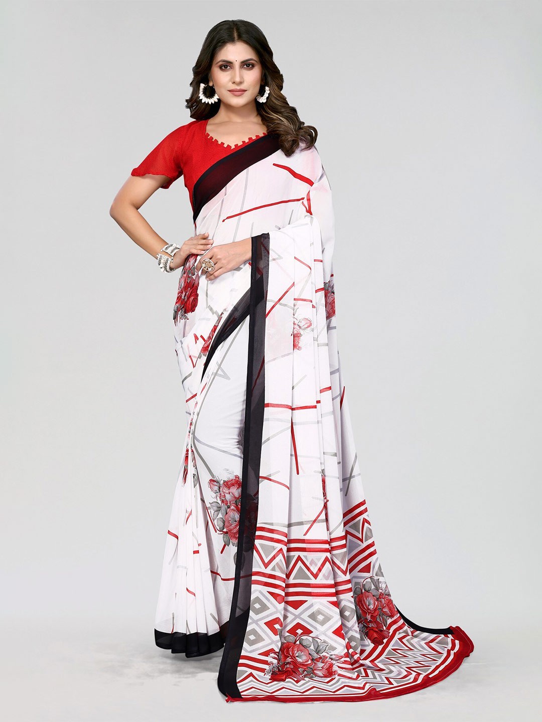 

Yashika Floral Printed Leheriya Saree, Red