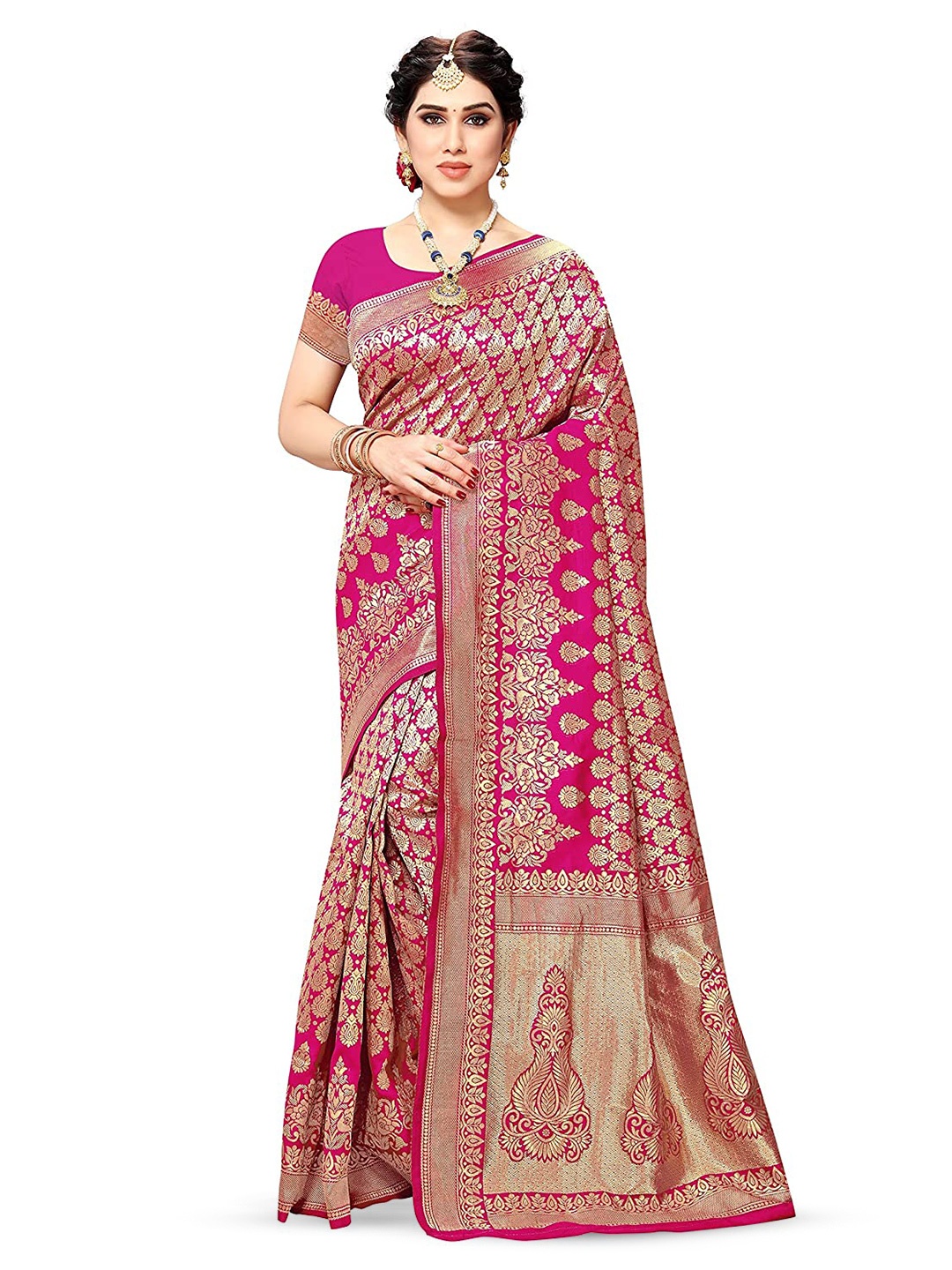

Yashika Ethnic Motif Woven Design Zari Banarasi Saree, Pink