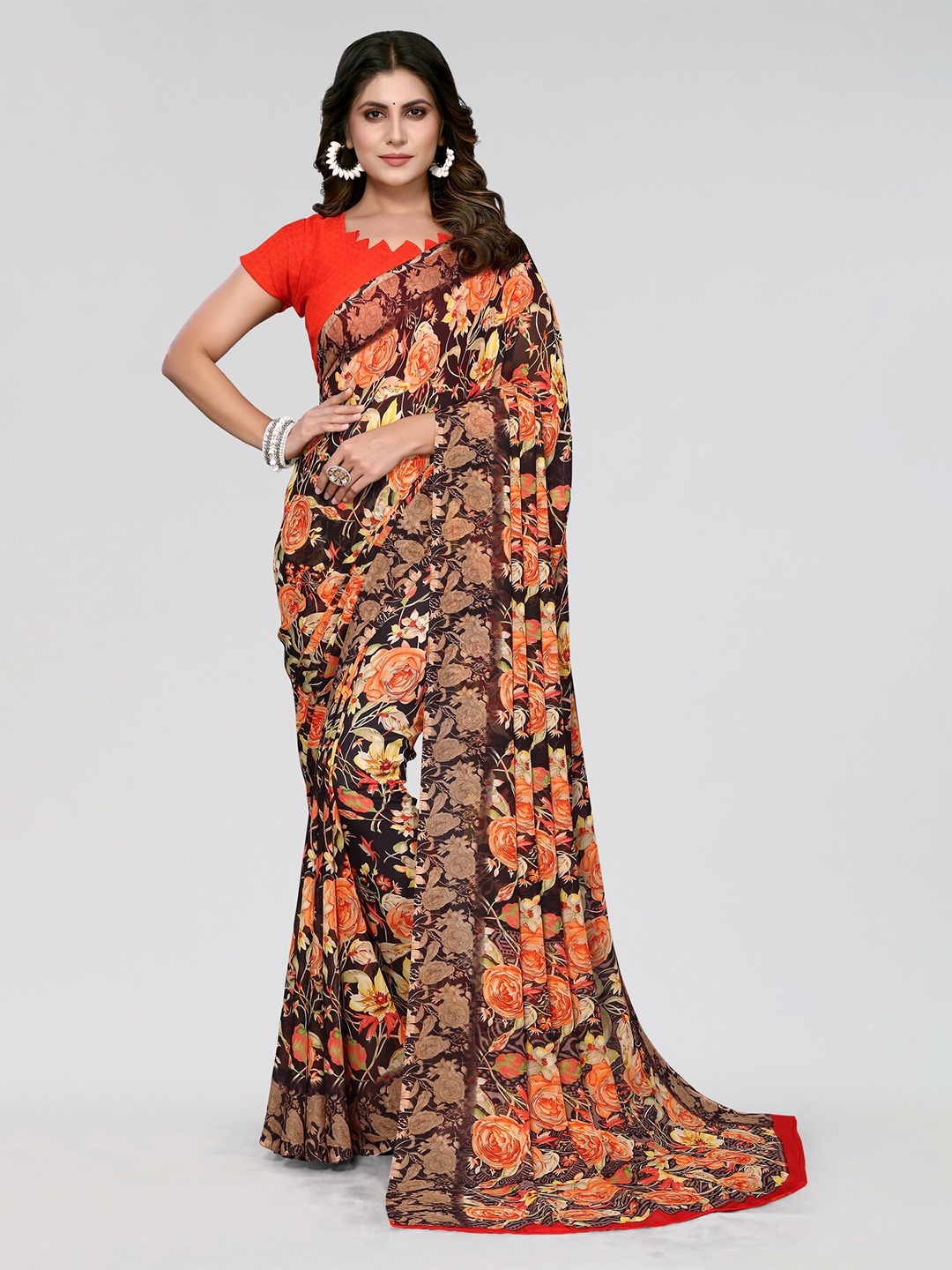 

Yashika Floral Printed Poly Georgette Leheriya Saree, Orange