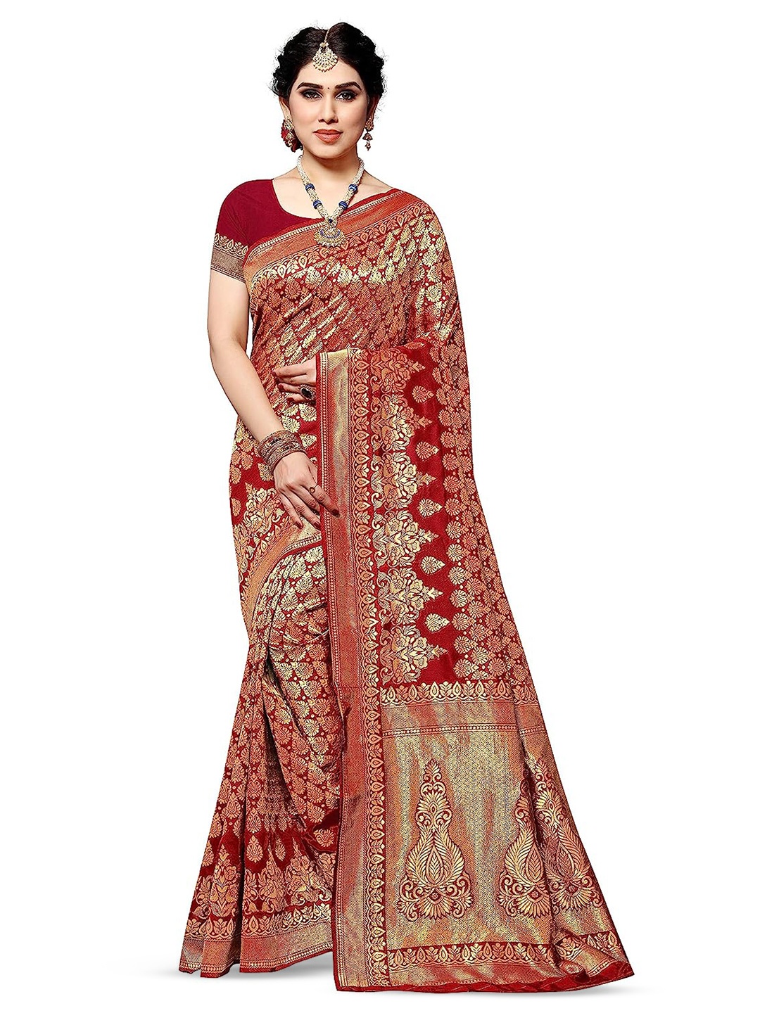 

Yashika Ethnic Motif Woven Design Zari Banarasi Saree, Red