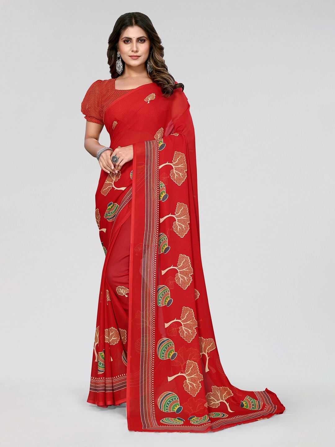 

Yashika Ethnic Motifs Printed Leheriya Saree, Red