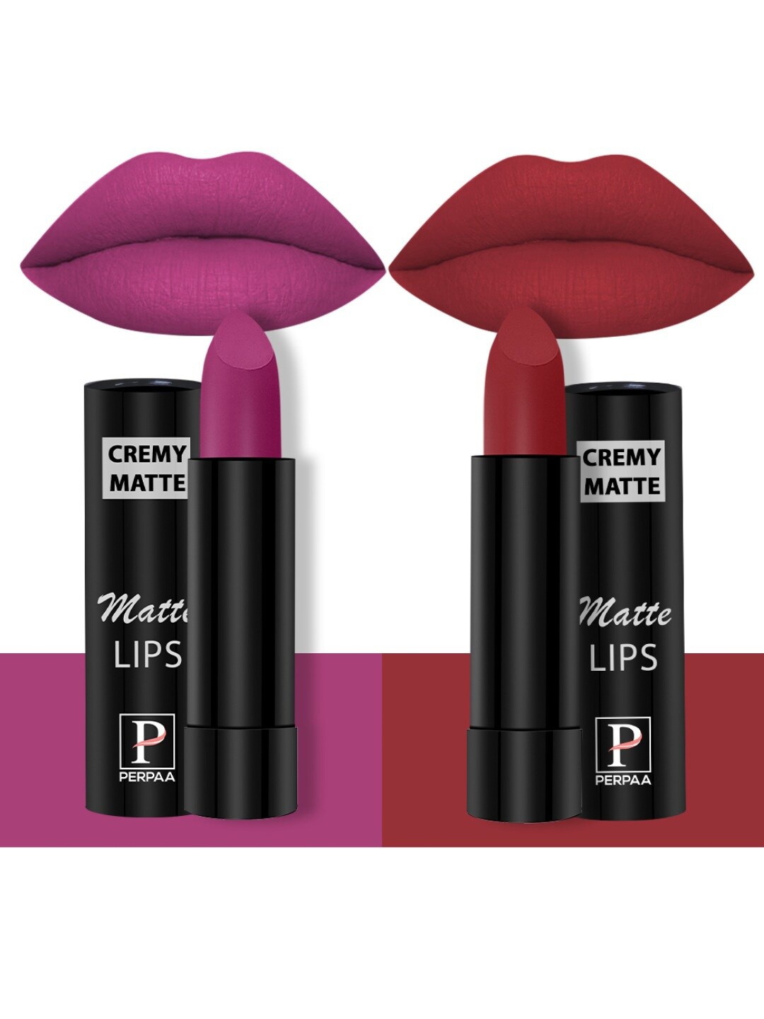 

PERPAA Set of 2 Creamy Matte Bullet Lipstick 3.5g Each - Rose Magenta 58 & Crimson Red 86