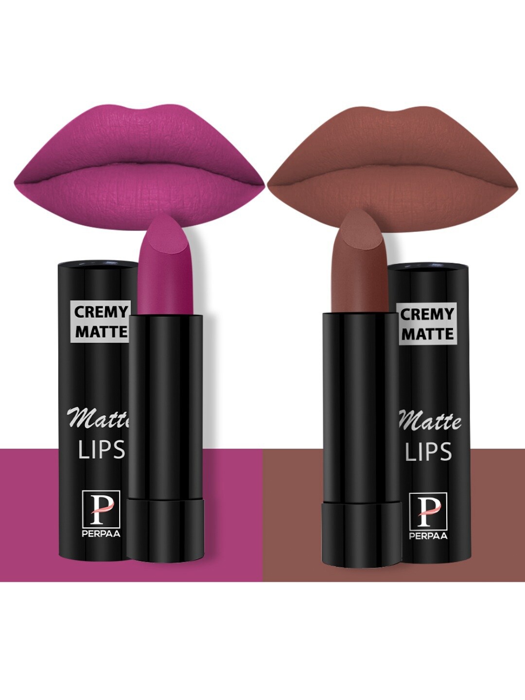 

PERPAA Set Of 2 Creamy Matte Bullet Lipstick - 3.5g Each - Rose Magenta58 - Nude Brown 111, Multi