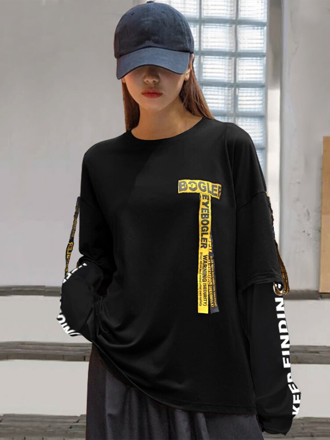 

Eyebogler Typography Printed Oversized Cotton T-shirt, Black