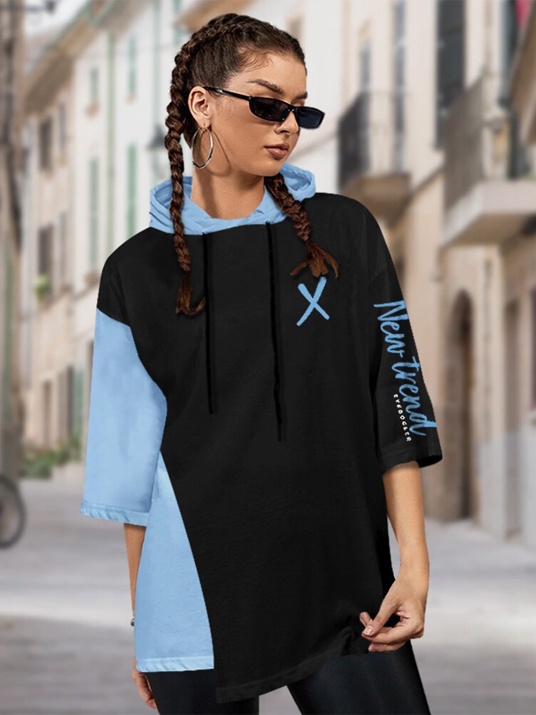 

Eyebogler Typography Printed Hooded Drop Shoulder Oversized Cotton T-shirt, Black