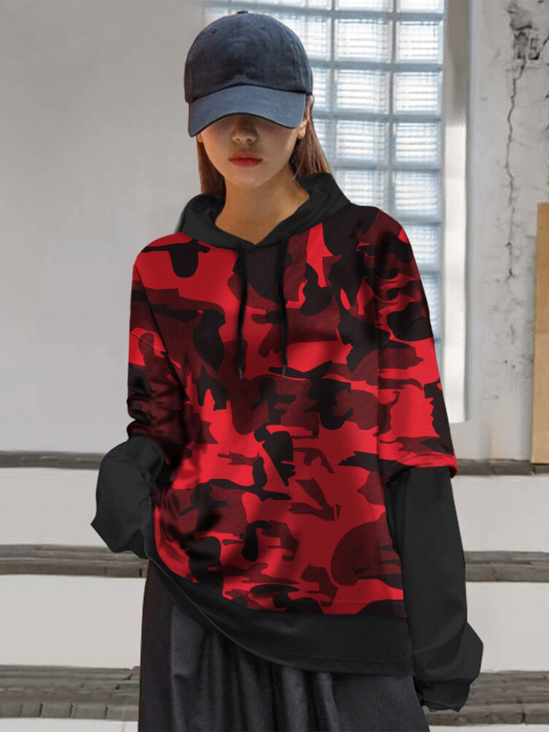 

Eyebogler Camouflage Printed Hooded Oversized Cotton T-shirt, Red