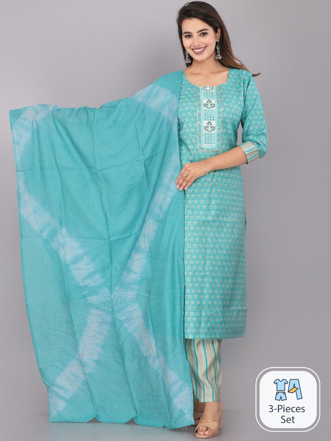 

JC4U Floral Printed Gotta Patti Pure Cotton Kurta with Trousers & Dupatta, Blue