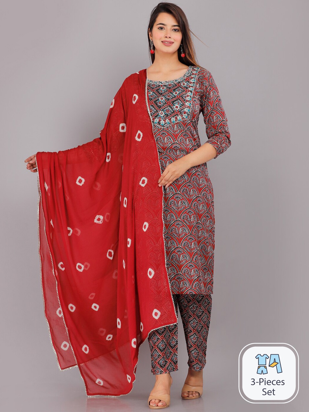 

JC4U Floral Printed Thread Work Pure Cotton Kurta with Trousers & Dupatta, Maroon