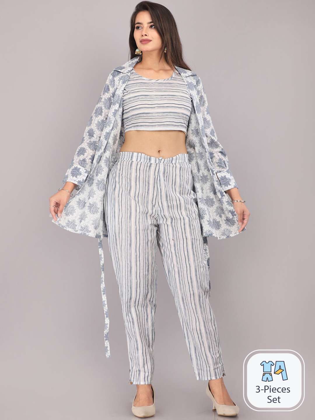 

JC4U Printed Pure Cotton Crop Top With Trousers & With Jacket, Blue