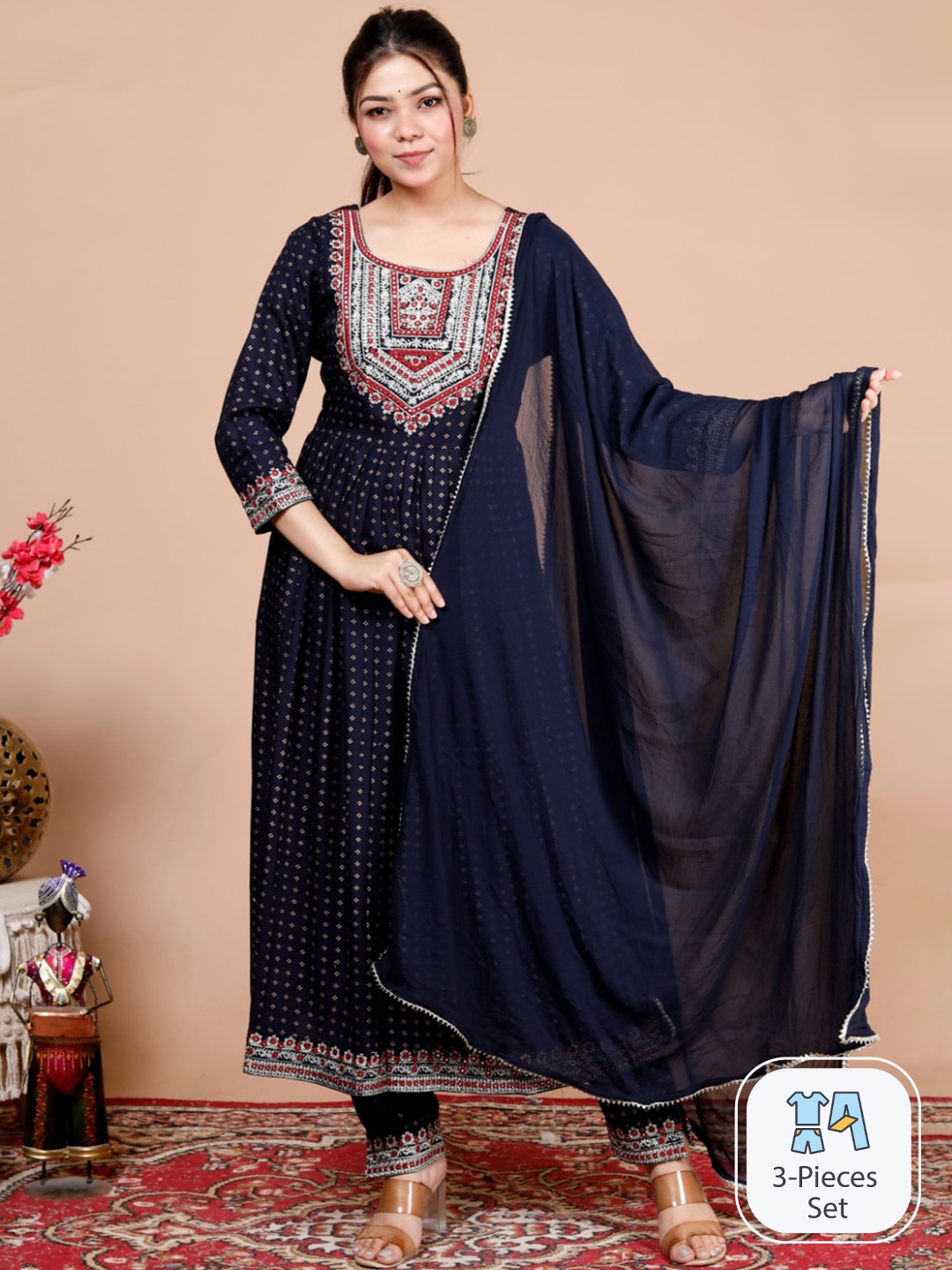 

JC4U Ethnic Motifs Embroidered Mirror Work A-Line Kurta with Trousers & Dupatta, Blue