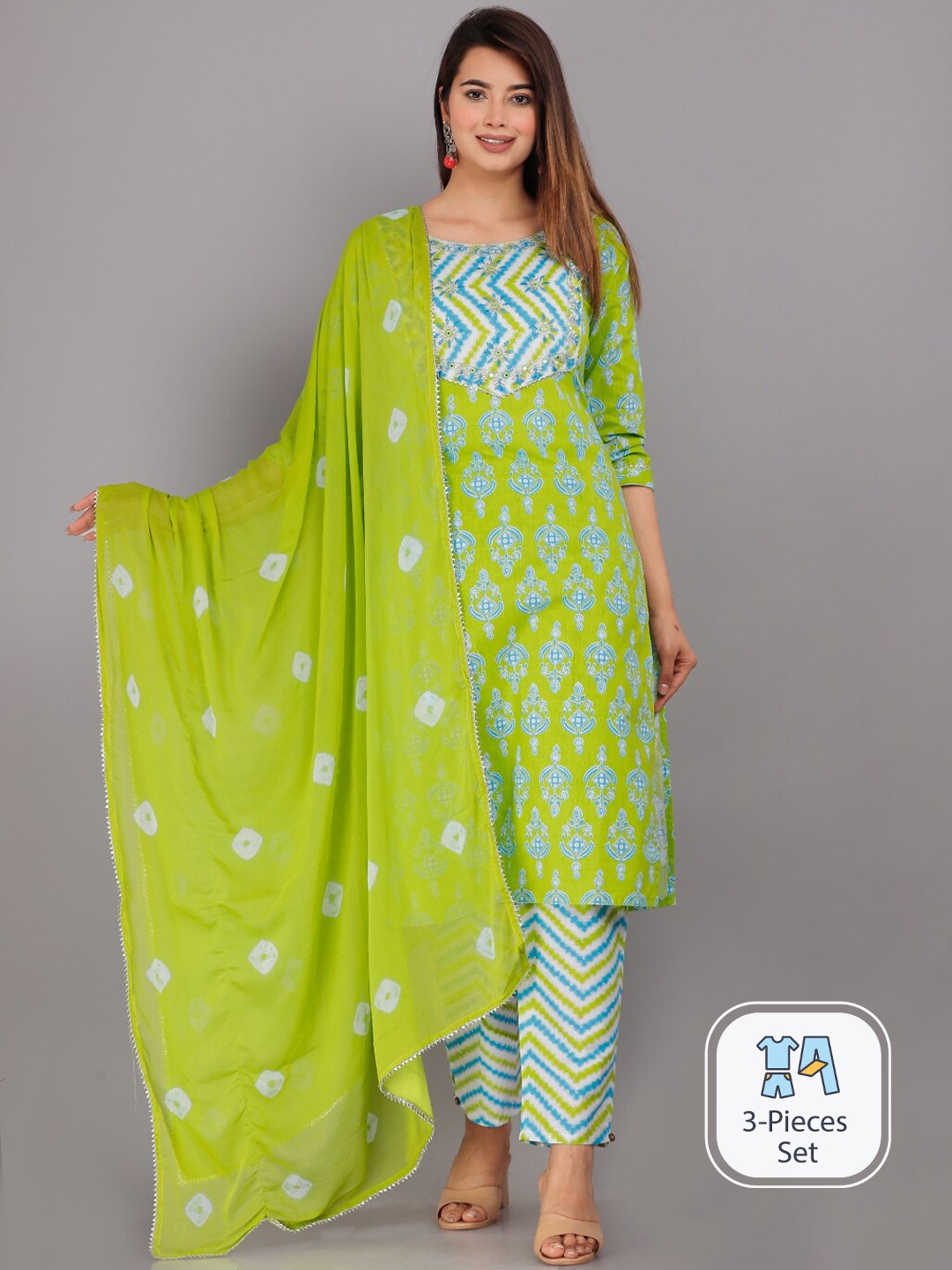 

JC4U Floral Printed Gotta Patti Pure Cotton Kurta with Trousers & Dupatta, Green