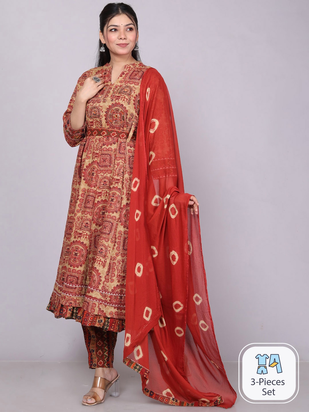 

JC4U Ethnic Motifs Printed A-Line Pure Cotton Kurta With Trousers & Dupatta, Maroon