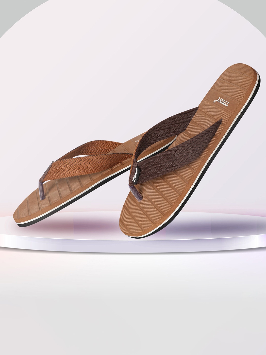 

TPENT Men Textured Rubber Thong Flip-Flops, Camel brown