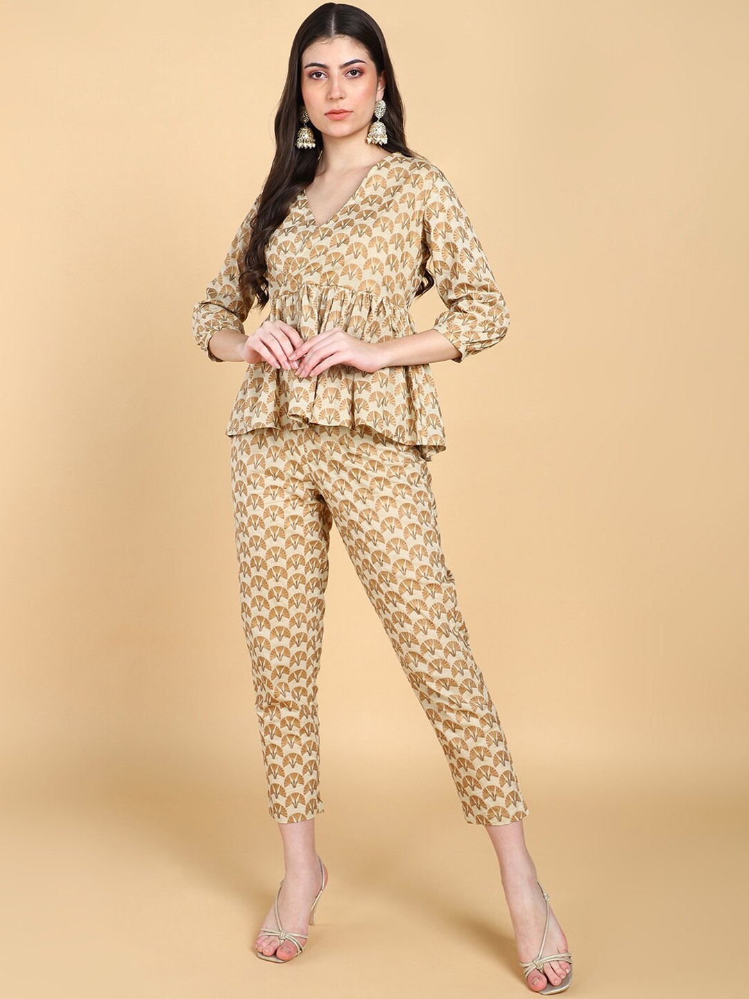 

HERE&NOW Floral Printed Pure Cotton Top With Trouser Co-Ords, Beige