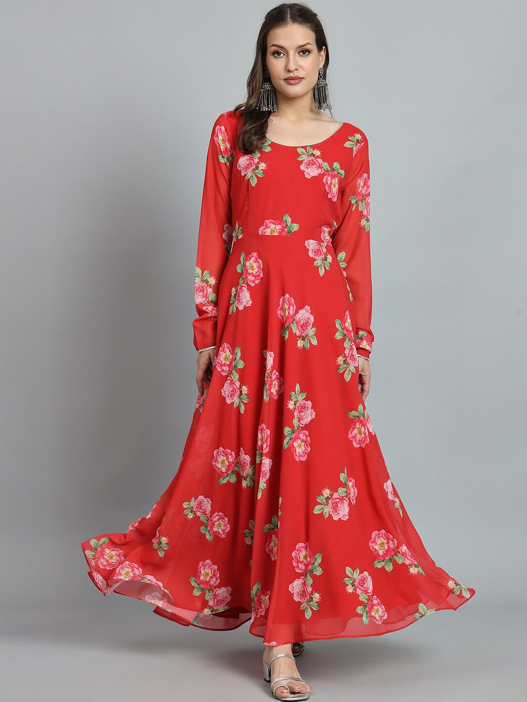 

BLACK SCISSOR Floral Printed Georgette Maxi Ethnic Gown Dress, Red