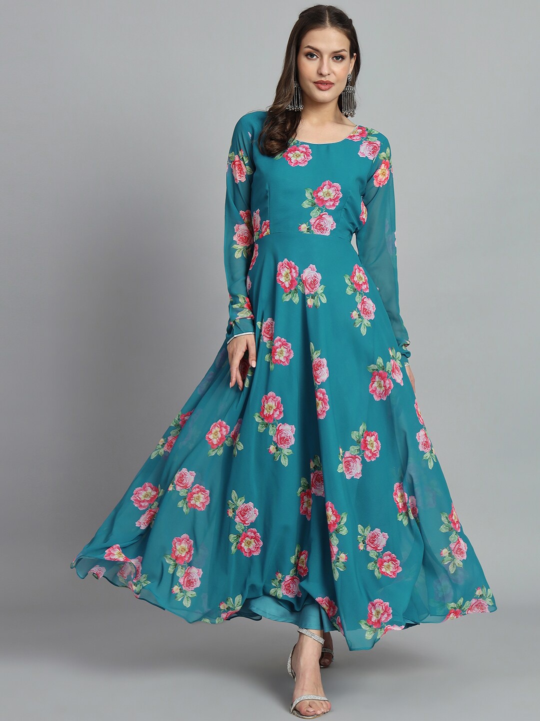 

BLACK SCISSOR Floral Printed Round Neck Georgette Ethnic Maxi Gown, Teal