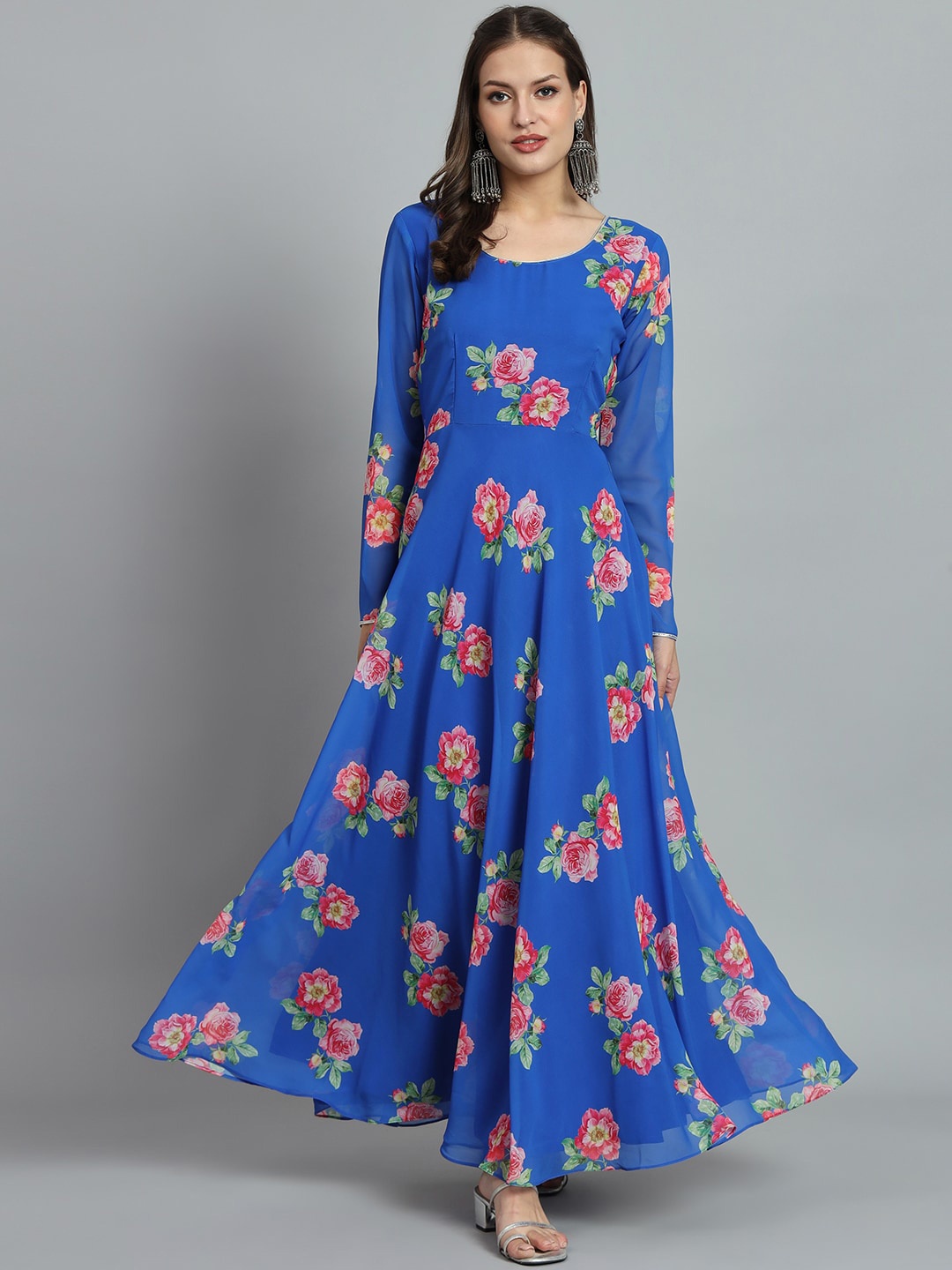 

BLACK SCISSOR Floral Printed Fit & Flared Maxi Ethnic Dress, Blue