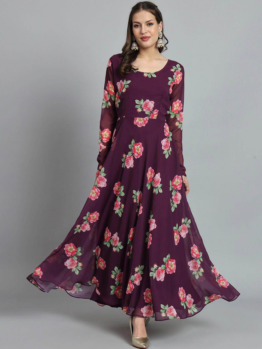 

BLACK SCISSOR Floral Printed Georgette Fit & Flare Maxi Ethnic Dress, Purple