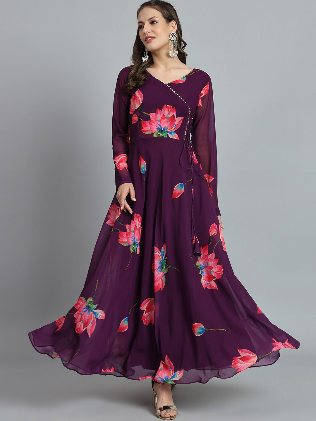 

BLACK SCISSOR Floral Printed Gotta Patti V-Neck Angrakha Style Maxi Ethnic Dress, Purple