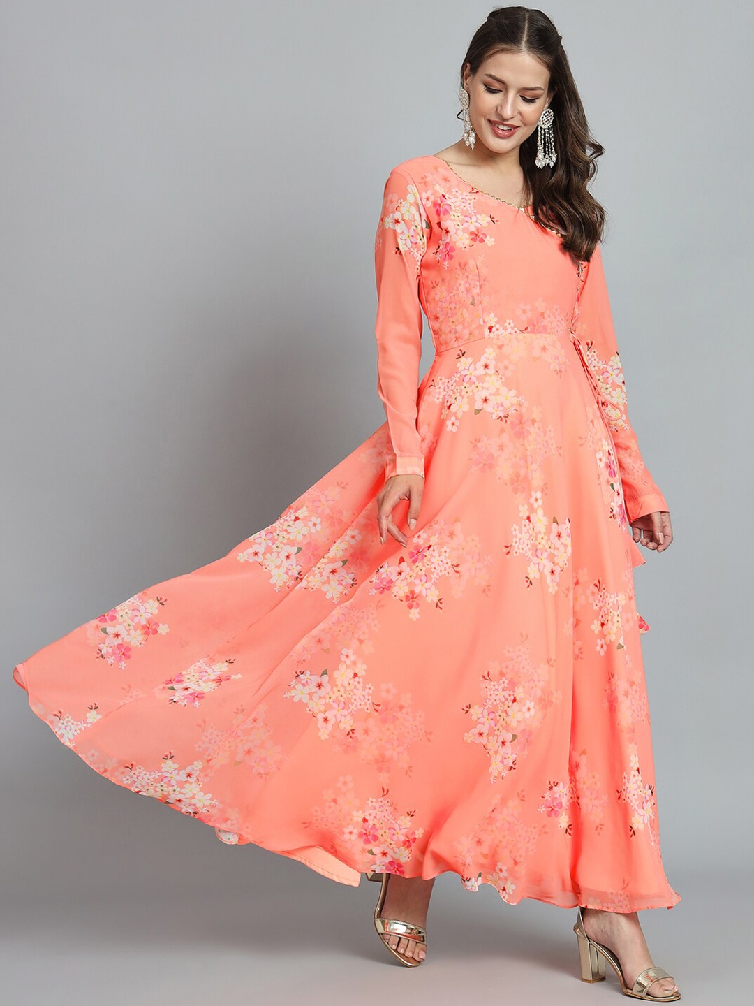 

BLACK SCISSOR Floral Printed Gotta Patti Georgette Maxi Ethnic Gown Dress, Peach