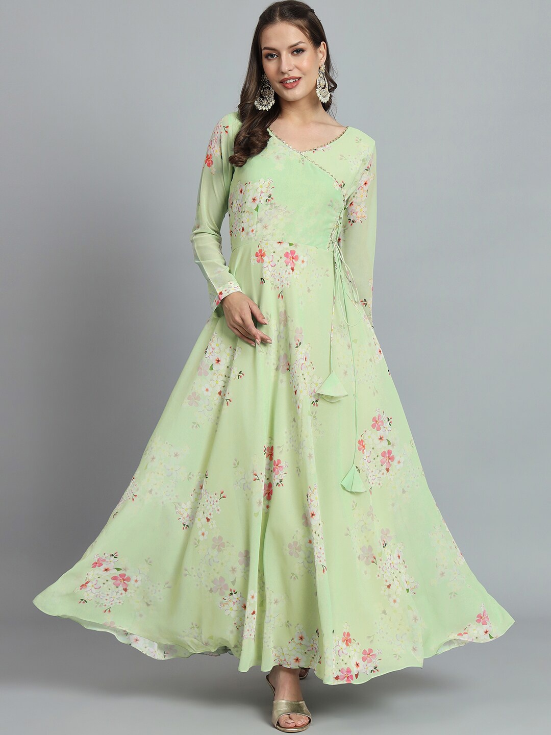 

BLACK SCISSOR Floral Printed Angrakha Style Maxi Gown Ethnic Dress, Green
