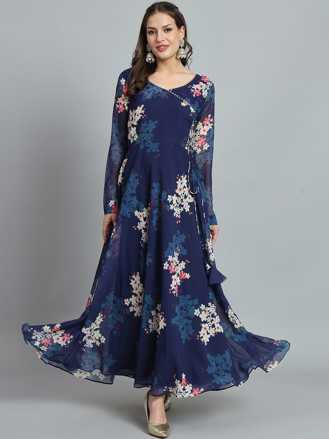 

BLACK SCISSOR Floral Printed Angrakha Style Maxi Gown Ethnic Dress, Navy blue