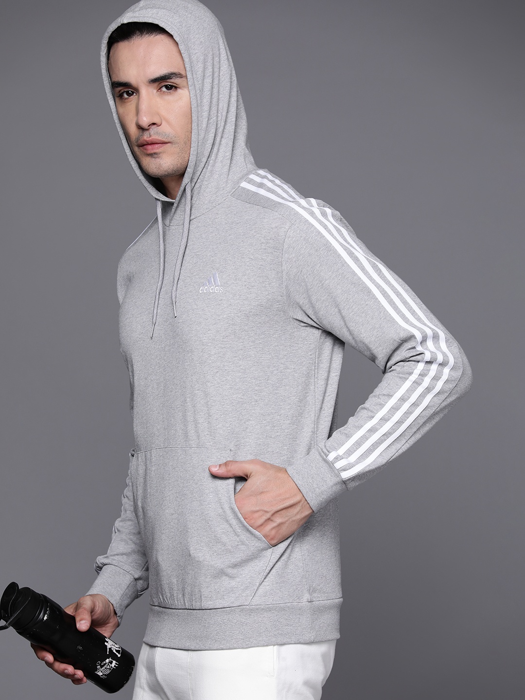

ADIDAS 3 Stripes Full Sleeves Hooded Sweatshirt, Grey melange