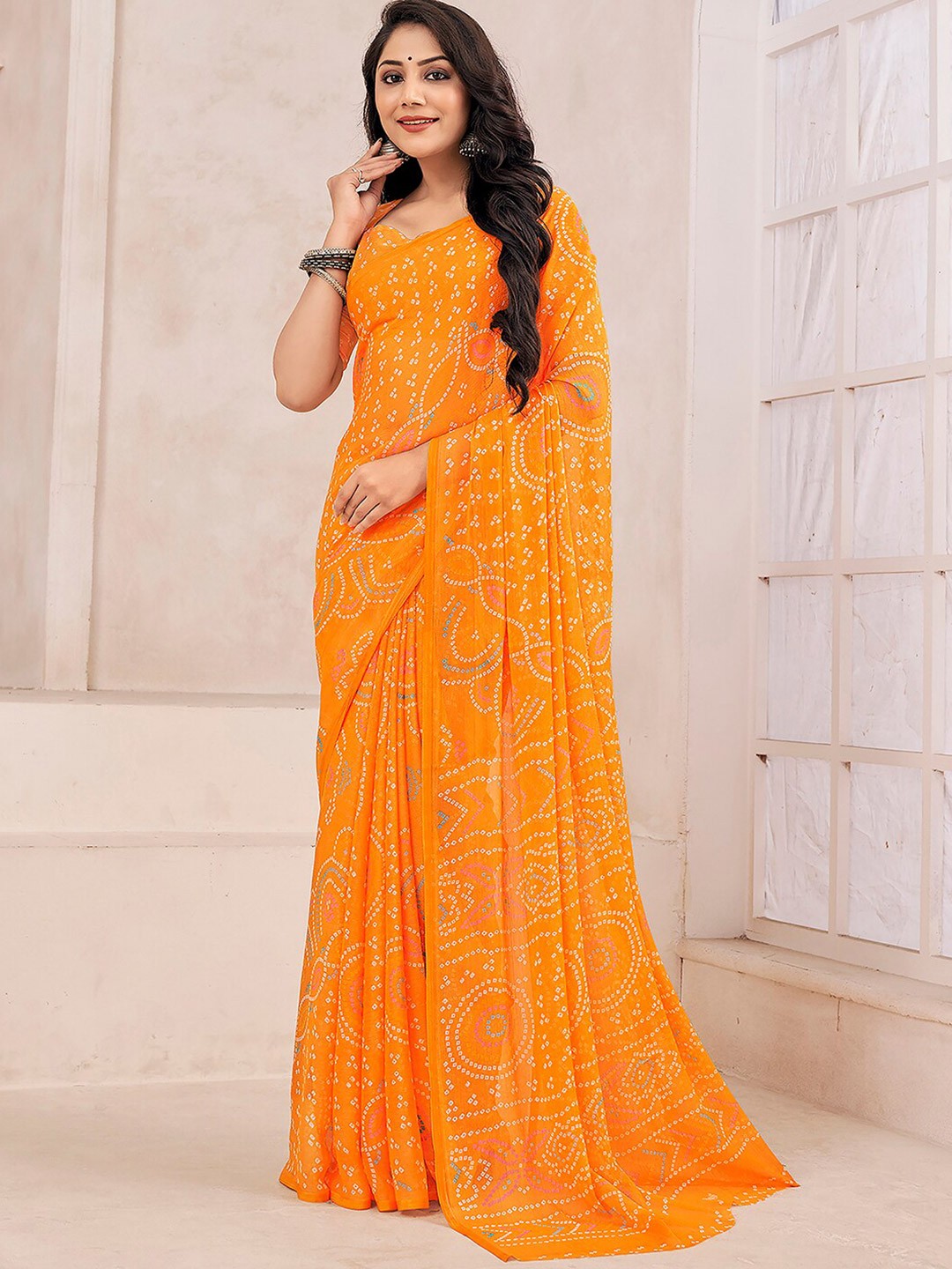 

KALINI Bandhani Printed Saree, Orange