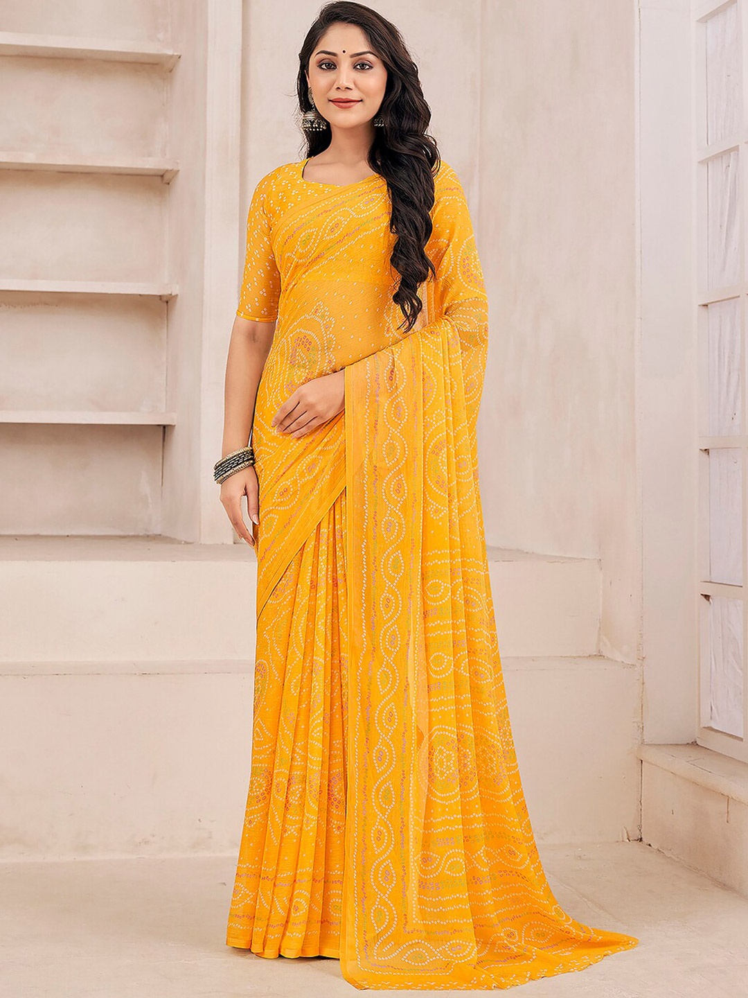 

KALINI Bandhani Printed Saree, Yellow