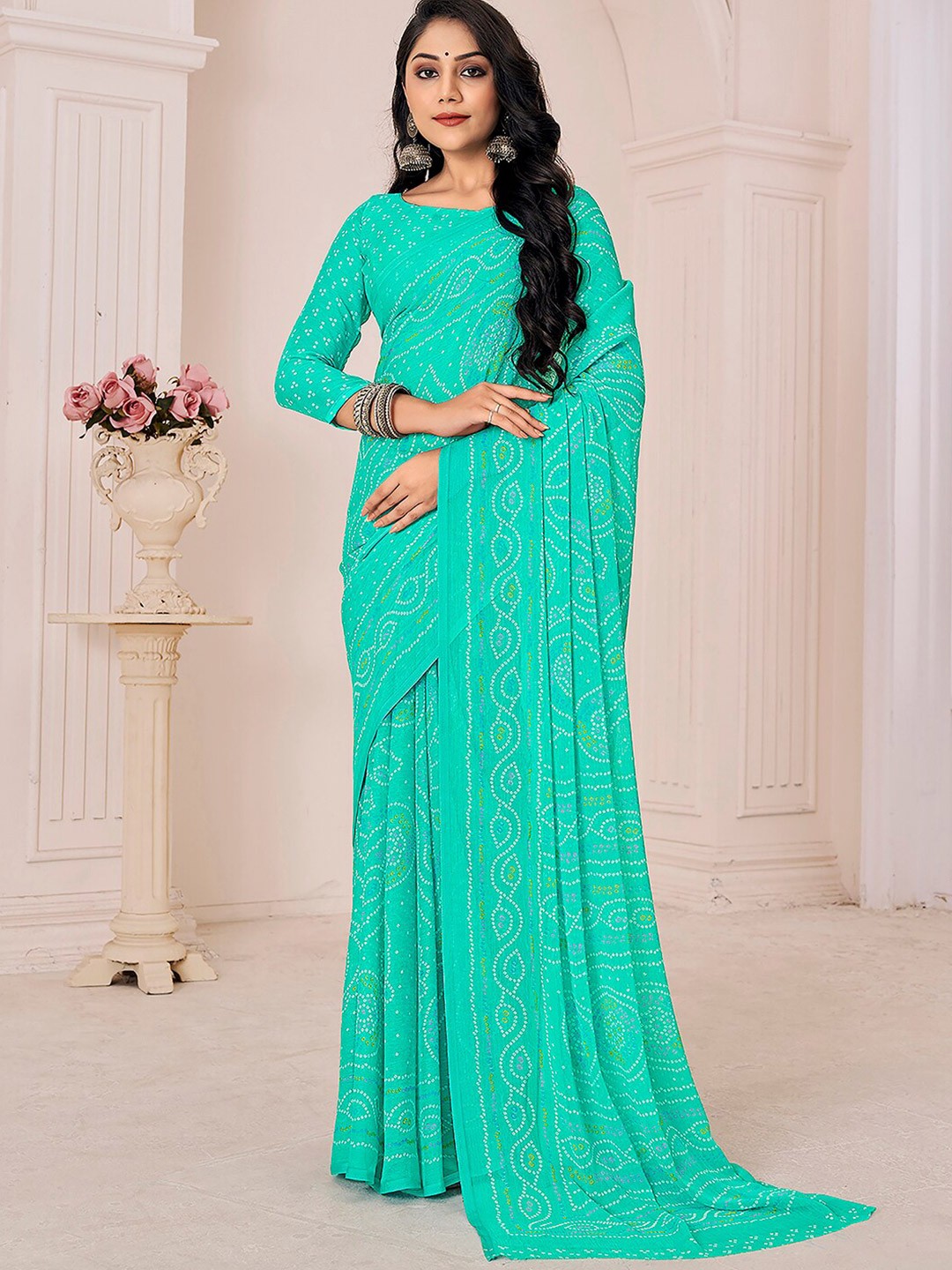 

KALINI Bandhani Printed Saree, Turquoise blue