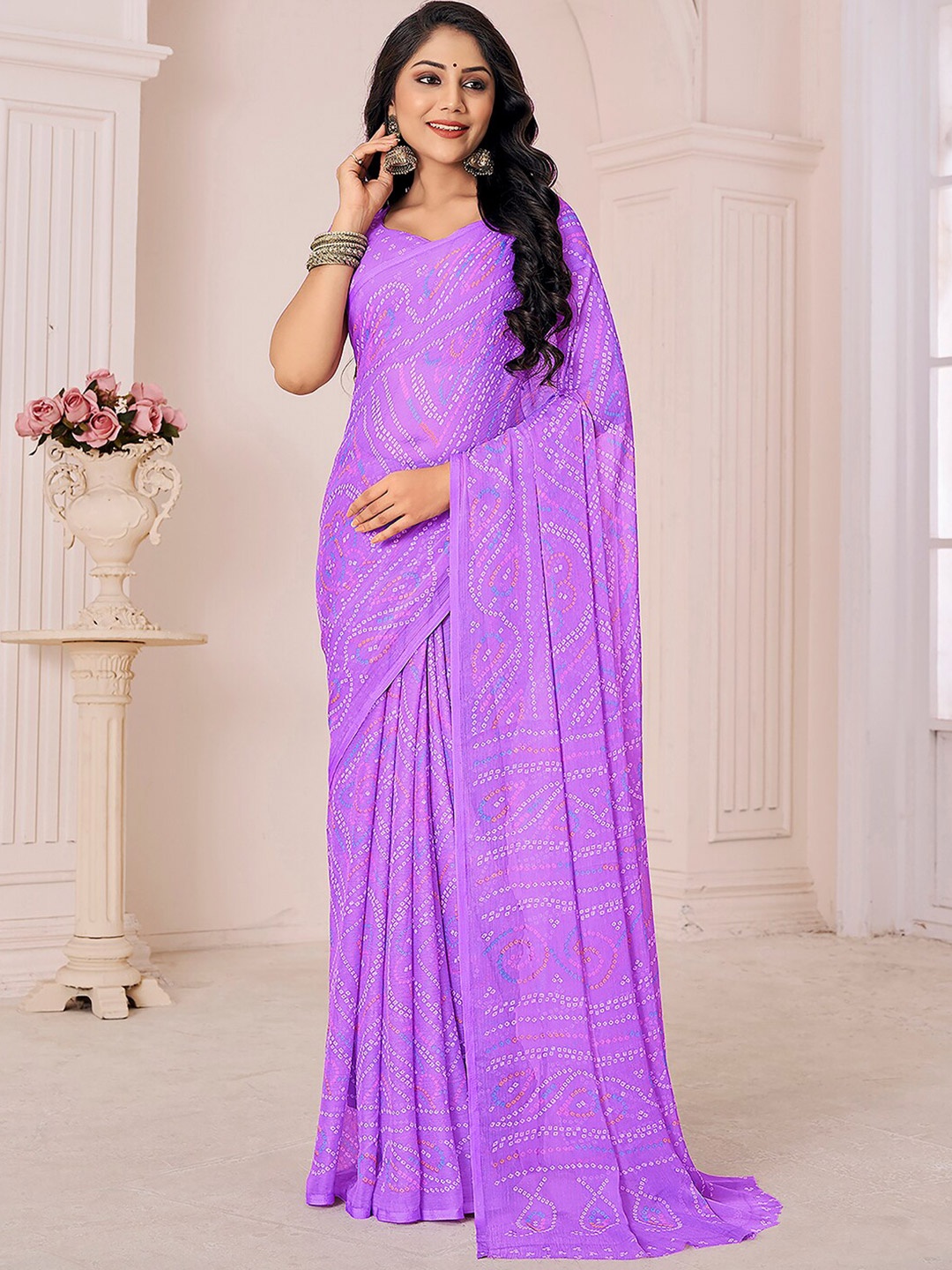 

KALINI Bandhani Printed Saree, Lavender