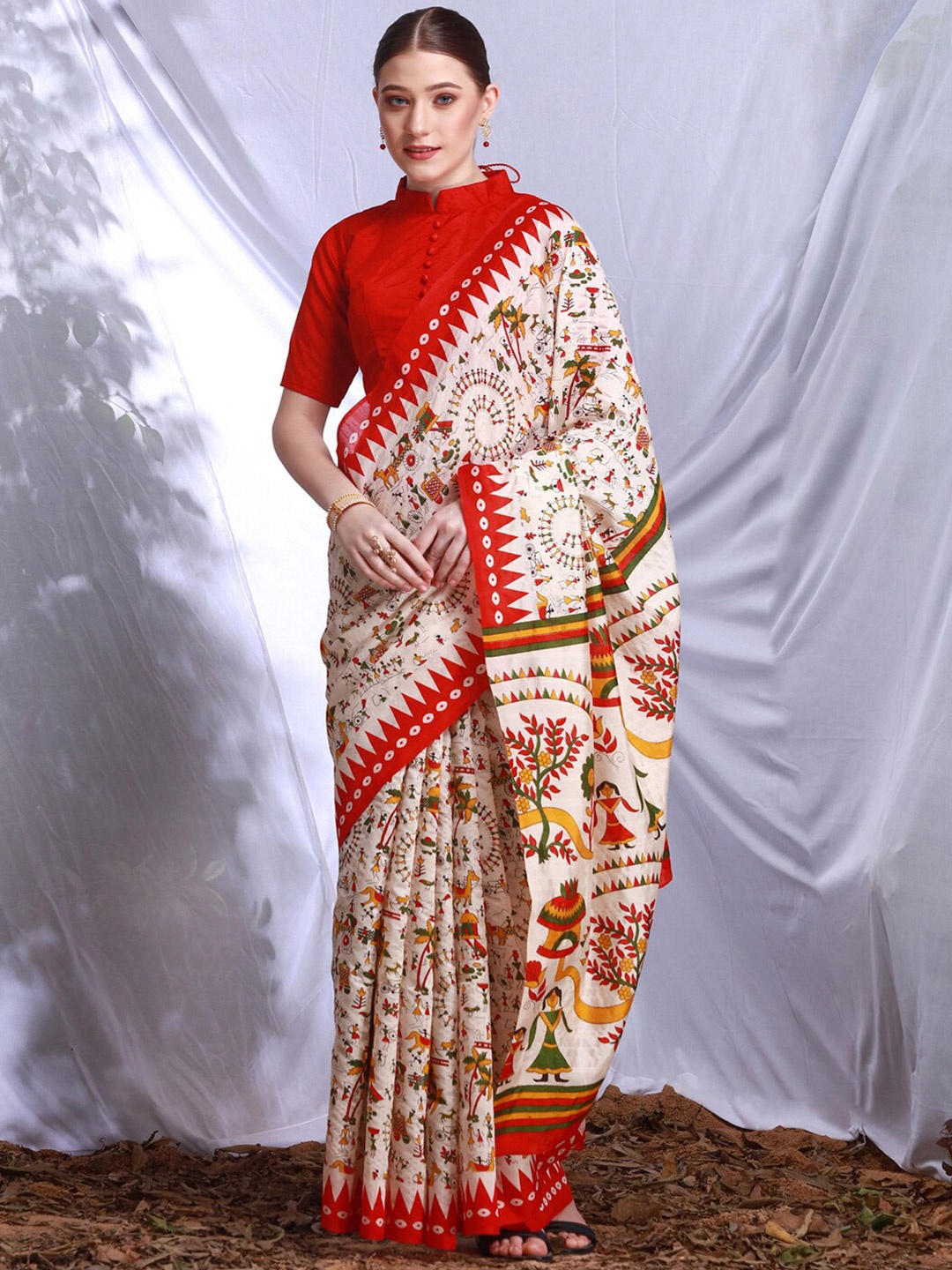 

KALINI Ethnic Motifs Printed Art Silk Dabu Saree, Cream