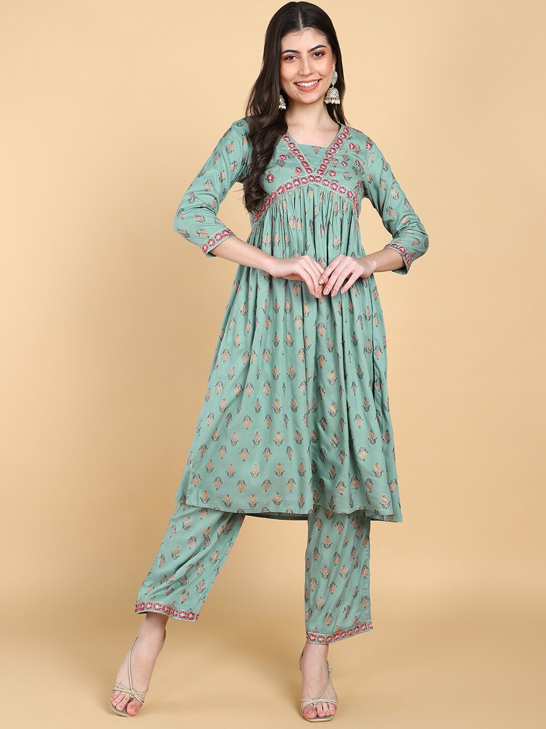 

HERE&NOW Ethnic Motifs Printed Empire Thread Work Kurta With Palazzos, Green