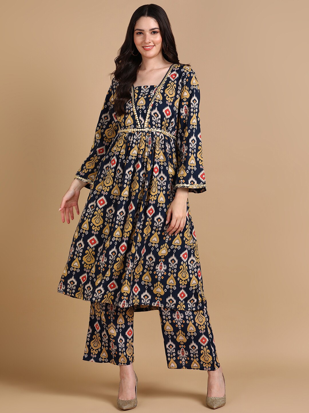 

HERE&NOW Ethnic Motifs Printed Empire Thread Work Kurta With Palazzos, Blue