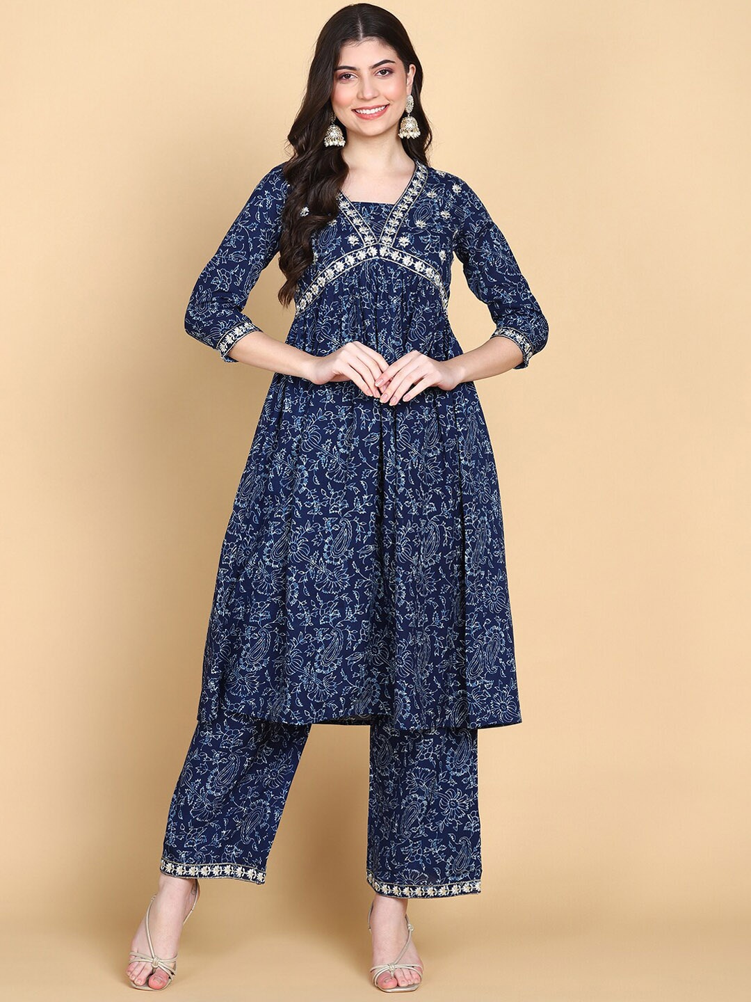 

HERE&NOW Ethnic Motifs Printed Empire Thread Work Kurta With Palazzos, Blue