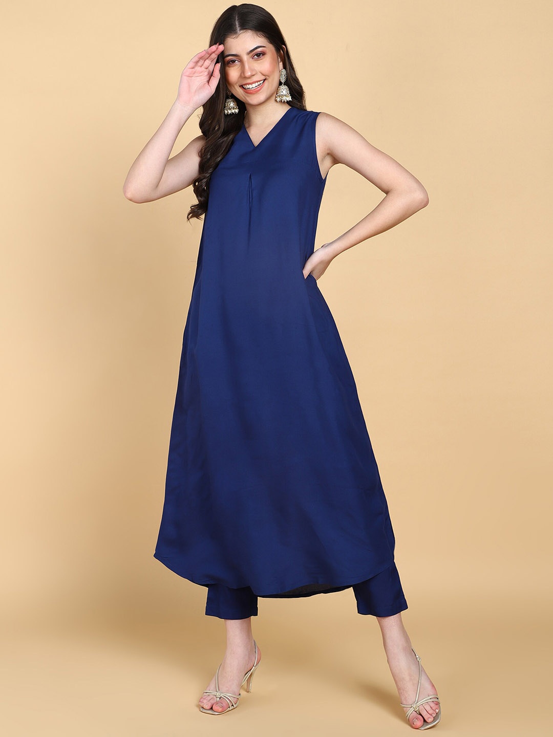 

HERE&NOW V-Neck Regular A-Line Kurta With Trousers, Blue