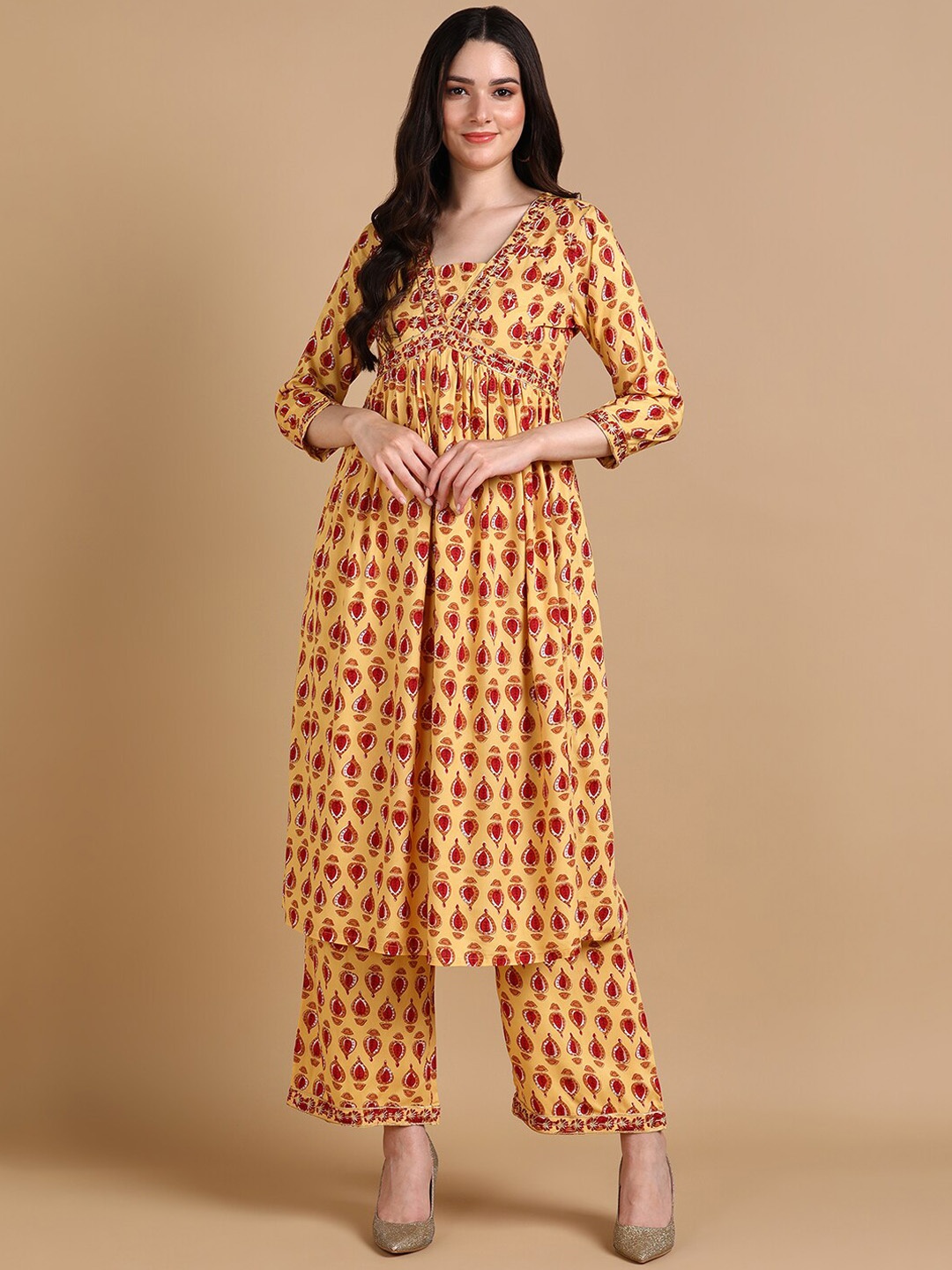 

HERE&NOW Ethnic Motifs Printed A Line Kurta With Palazzos, Yellow