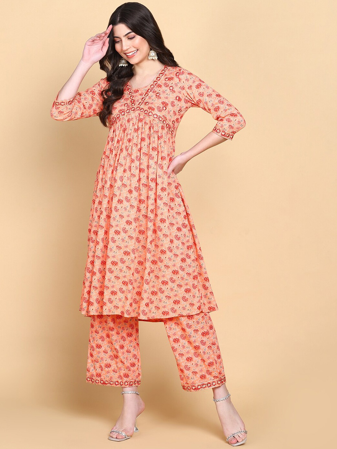 

HERE&NOW Floral Printed Gotta Patti A Line Kurta With Palazzos, Coral