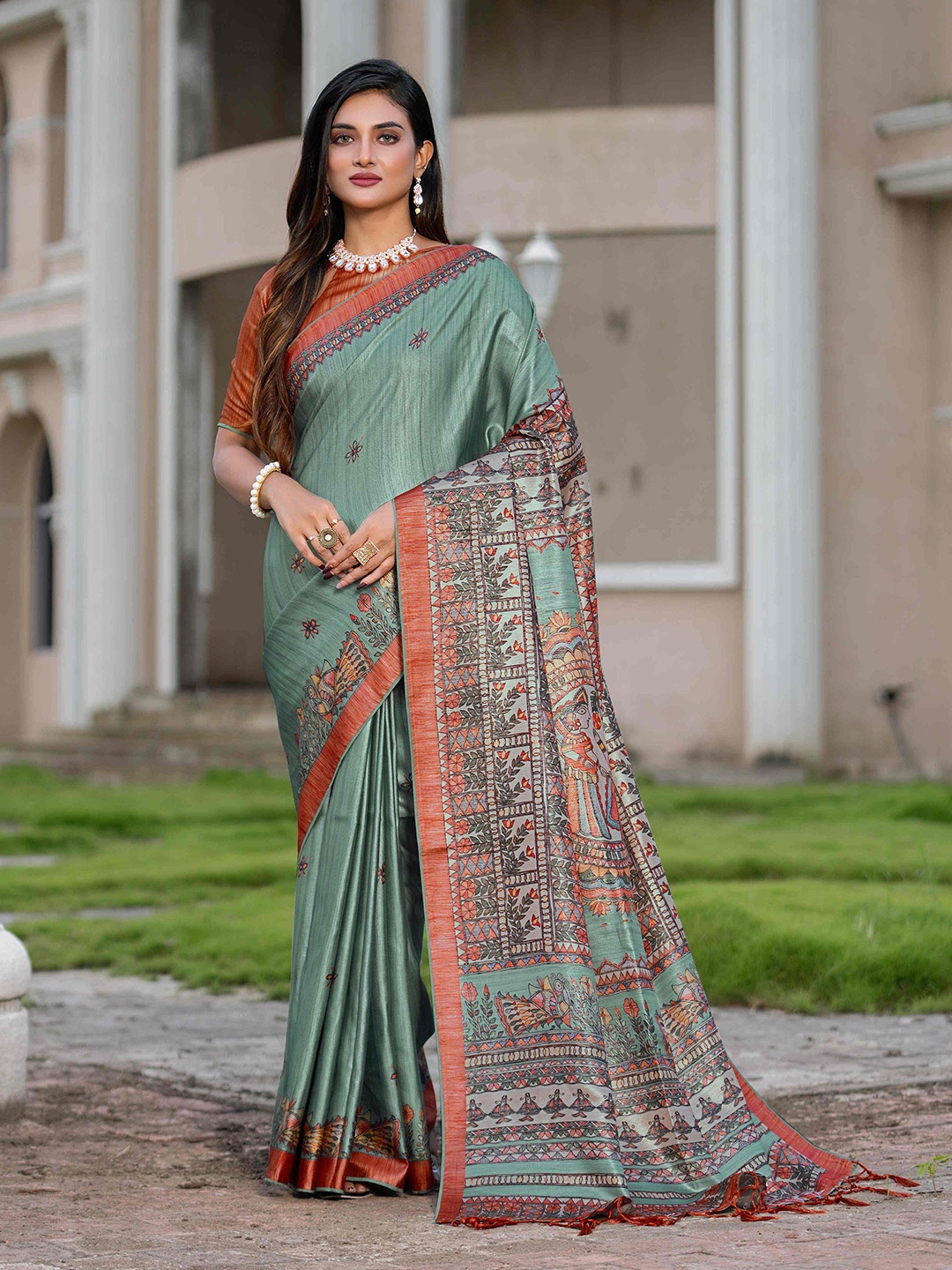 

Mitera Floral Printed Satin Saree, Green