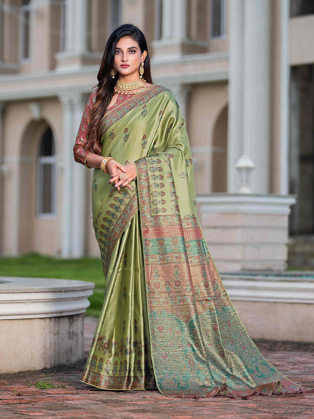 

Mitera Floral Satin Saree, Green