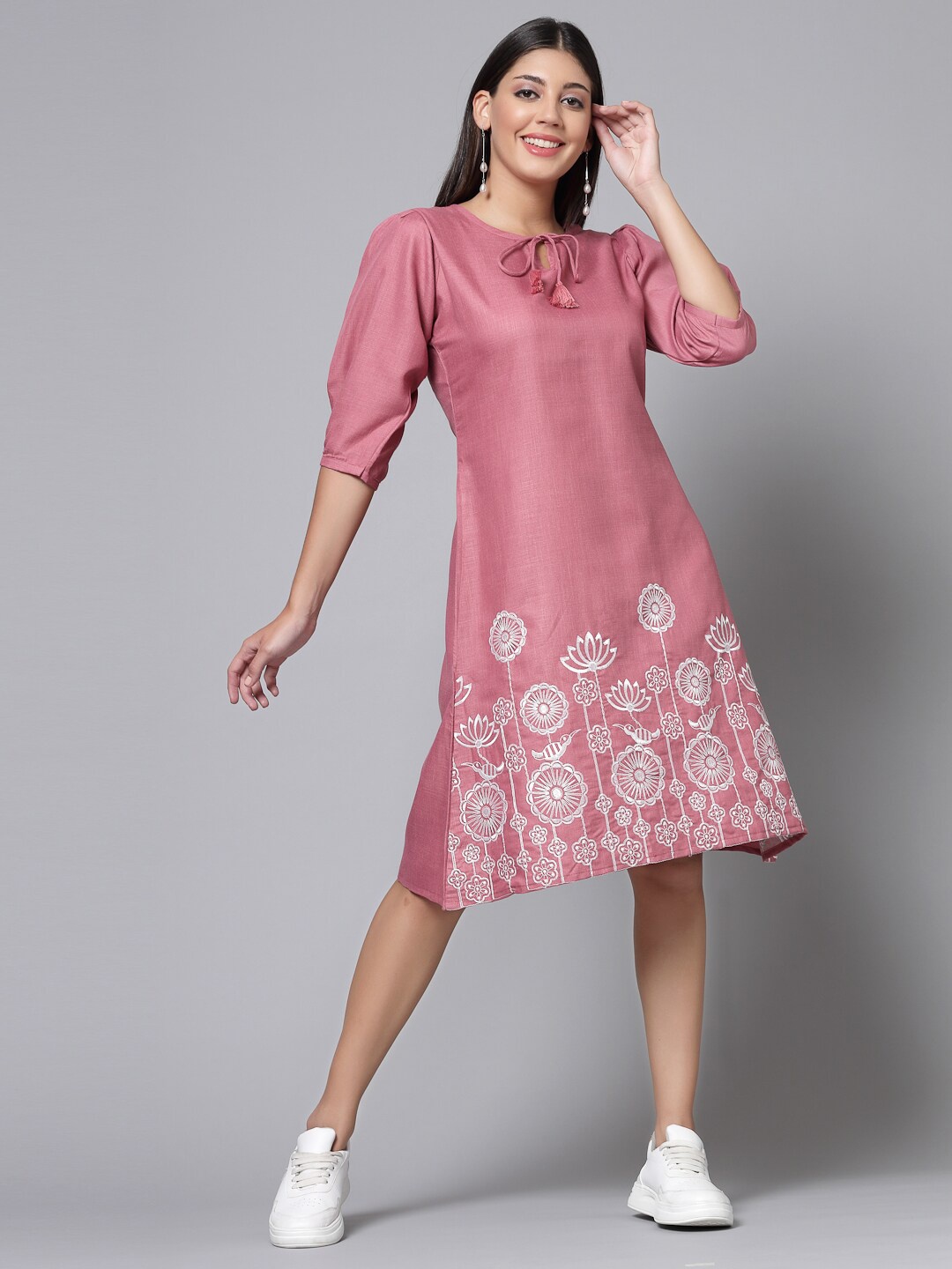 

Molly & Michel Tie-Up Neck Puff Sleeves Embroidered Casual A-Line Dress, Pink