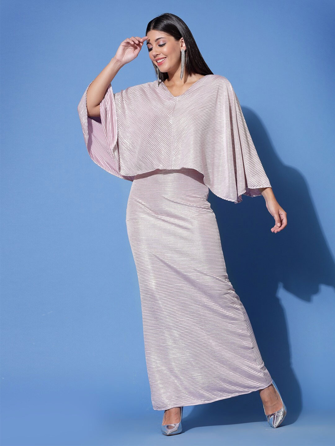 

Molly & Michel Striped V-Neck Cape Sleeves Maxi Dress, Pink