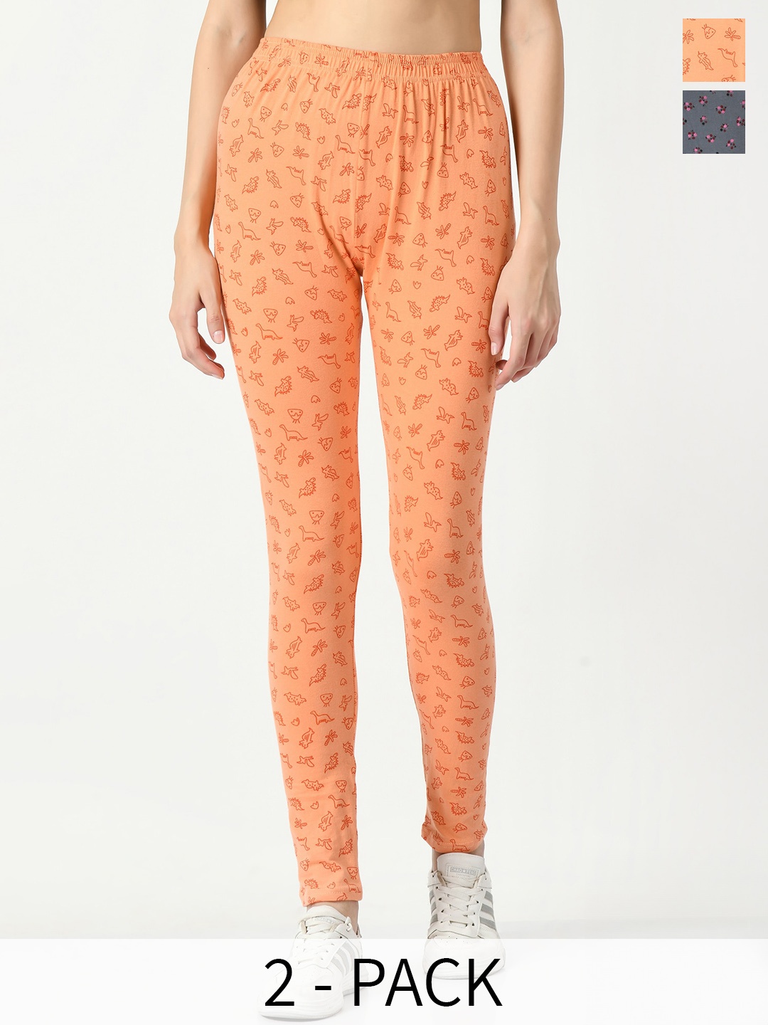

BAESD Pack Of 2 Floral Printed Ankle-Length Leggings, Orange